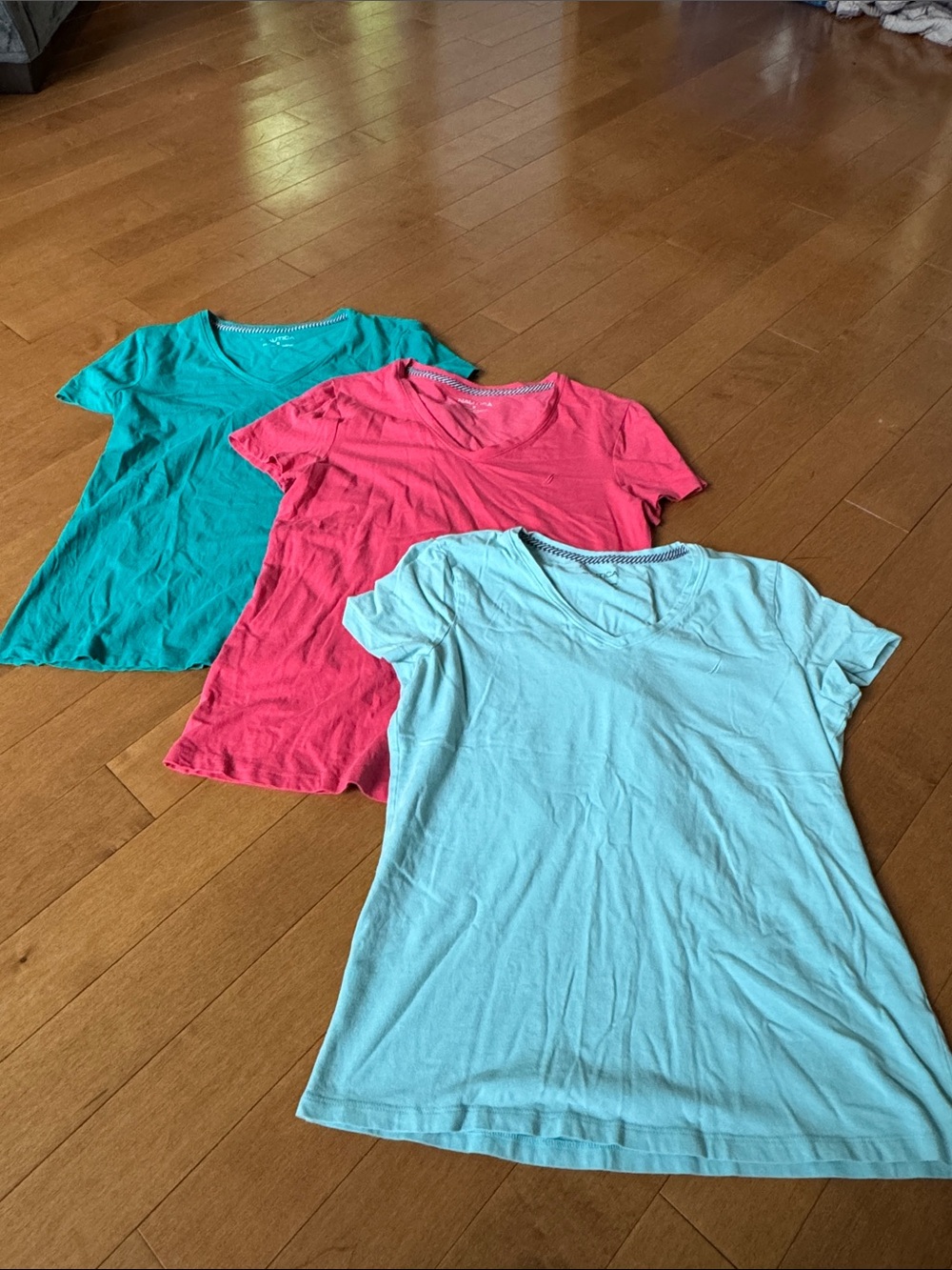 Three Nautica Tees in Aqua, Coral, and Turquoise in Medium